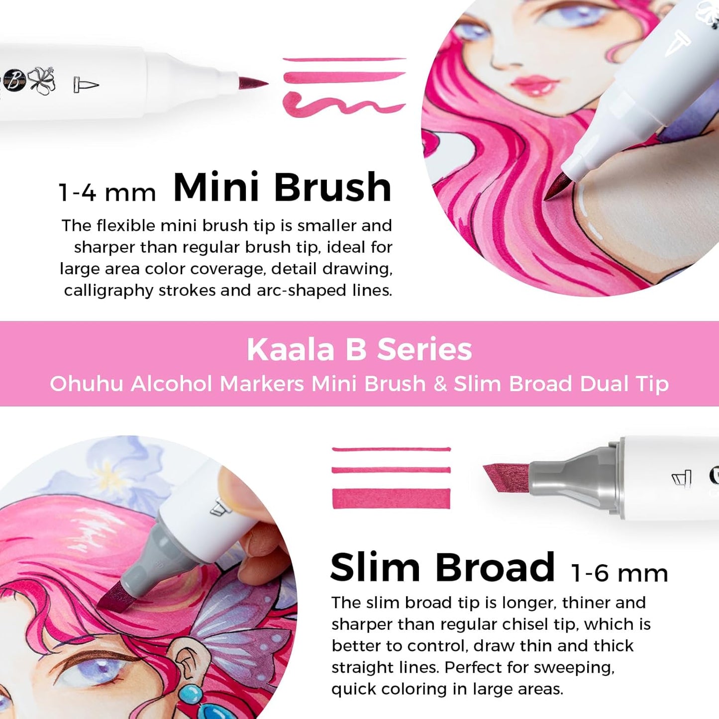 Ohuhu Kaala Series B Set 60 Markere, Baza Alcool, Dual Tips Slim Broad & Mini Brush, Illustration Tones Y30-80403-75
