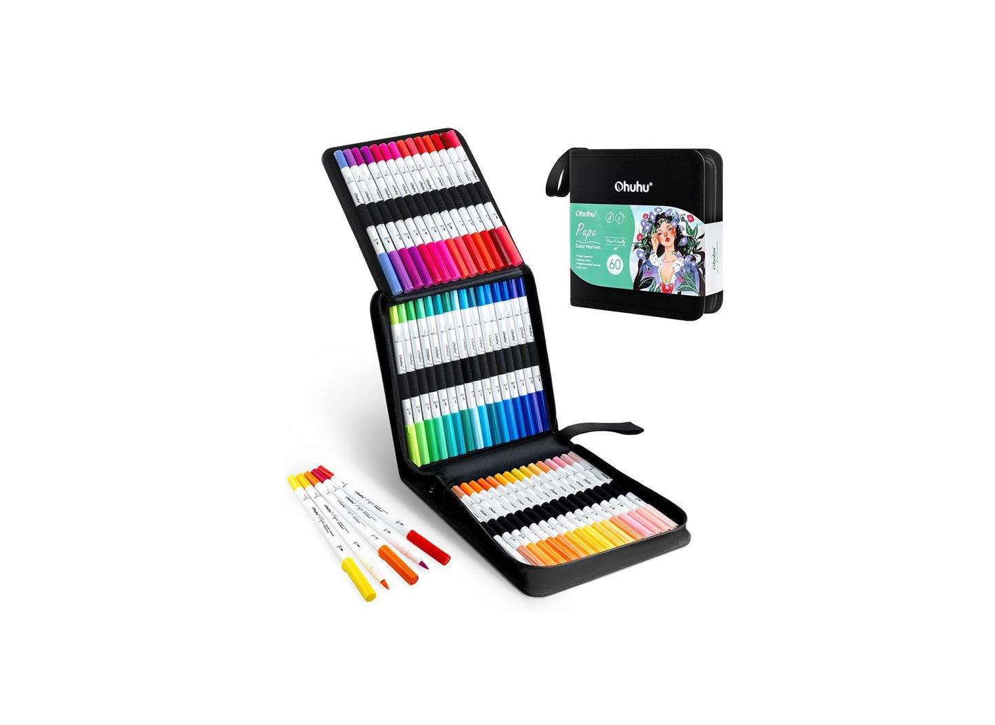 Ohuhu Set 60 Markere Ohuhu Paper Friendly, Bază Apă, Fără Peeling, Varf Dublu Brush & Fineliner, Non Toxic, Y30-80601-39
