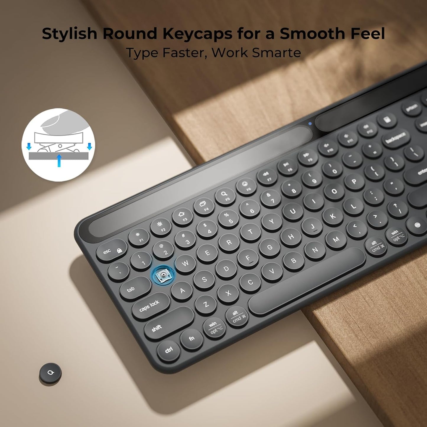 Tastatură iClever BK60 Solar, Bluetooth 5.0, Fără Fir, Incărcare Cu Lumină Solară Si Interioară, Dimensiune Completă, Ergonomica, Conectivitate Pana La 3 Dispozitive, Taste Rotunde Foarfece Silențioase