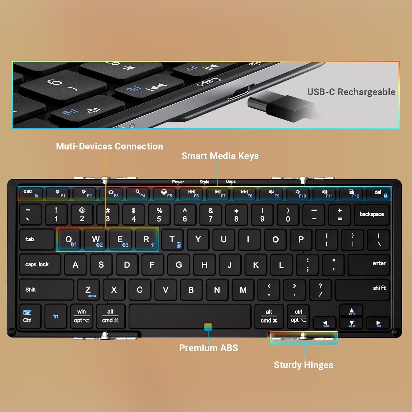 Tastatura iClever IC-BK05S, Bluetooth 5.1, Pliabila, Reîncărcabilă USB-C,Conectare Până La 4 Dispozitive, Baza Din Aliaj De Aluminiu, Calitate Aeronautica