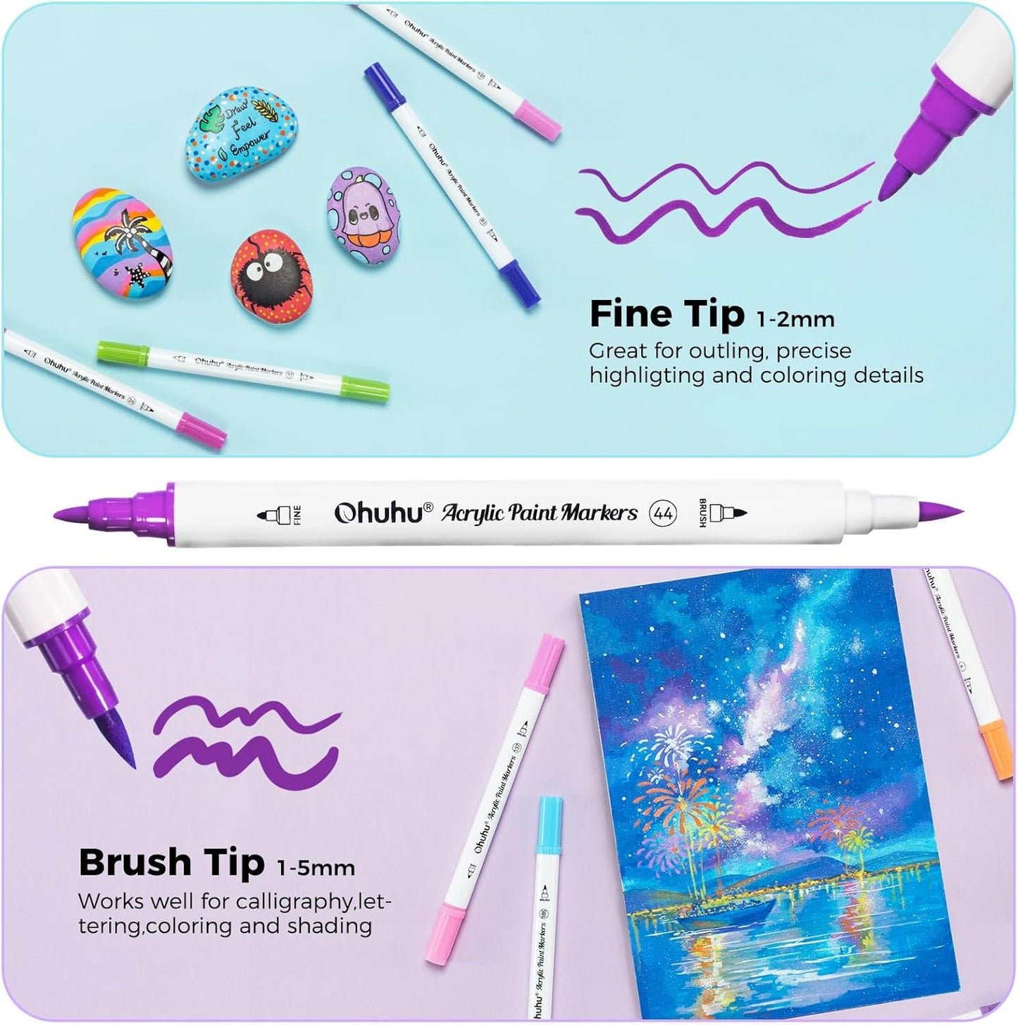 Ohuhu Set 36 Markere Acrilice, Varf Dublu, Brush si Fine, Rezervor Din Bumbac, Vopsea Cu Opacitate Ridicată Pentru Pictat Pietre, Hartie, Ouă, Lemn, Sticlă, Ceramică Y30-80601-74