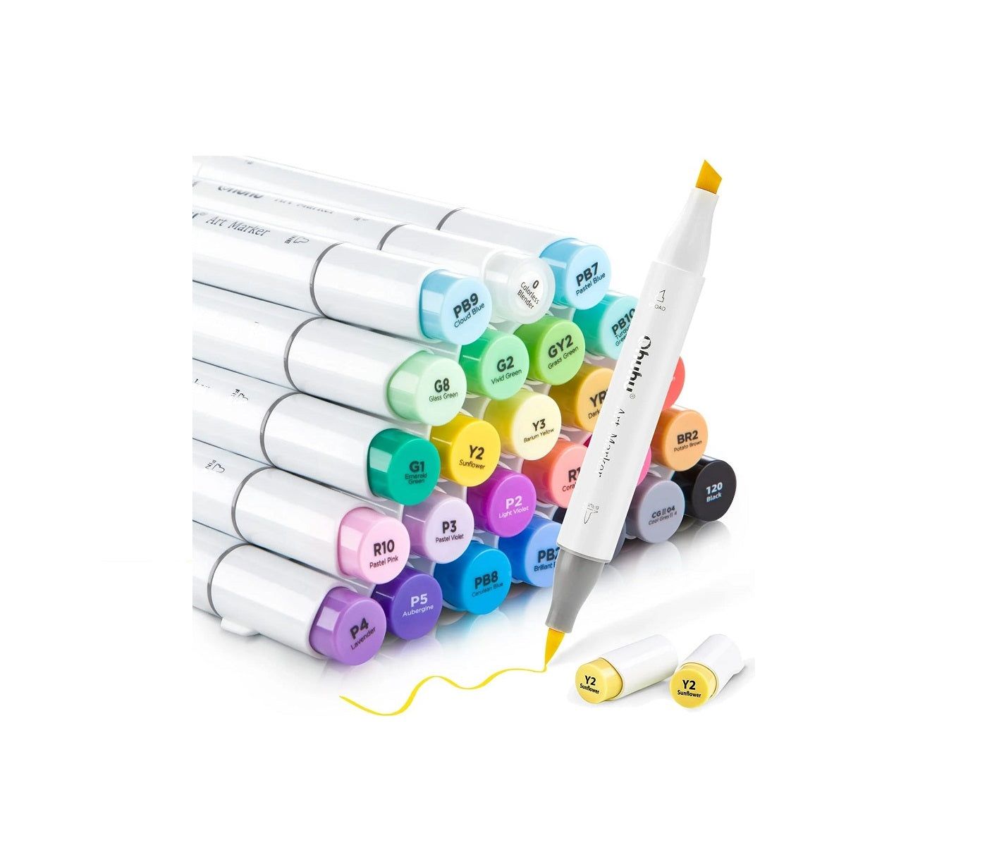 Ohuhu Honolulu Set 24 Markere, Baza Alcool, Dual Tips Brush&Chisel, Multicolor Y30-80401-93