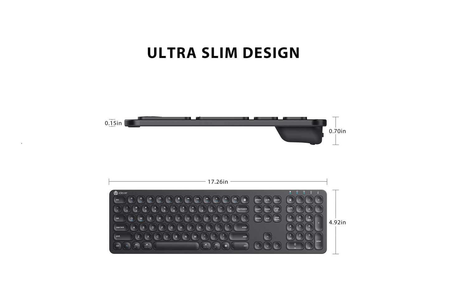 Tastatura iClever GKA38B, Fara Fir 2.4G, Reincarcabila, Ergonomica, Wireless, 99 Taste, Baterie Lithium Ion, Ultra Subtire, Negru