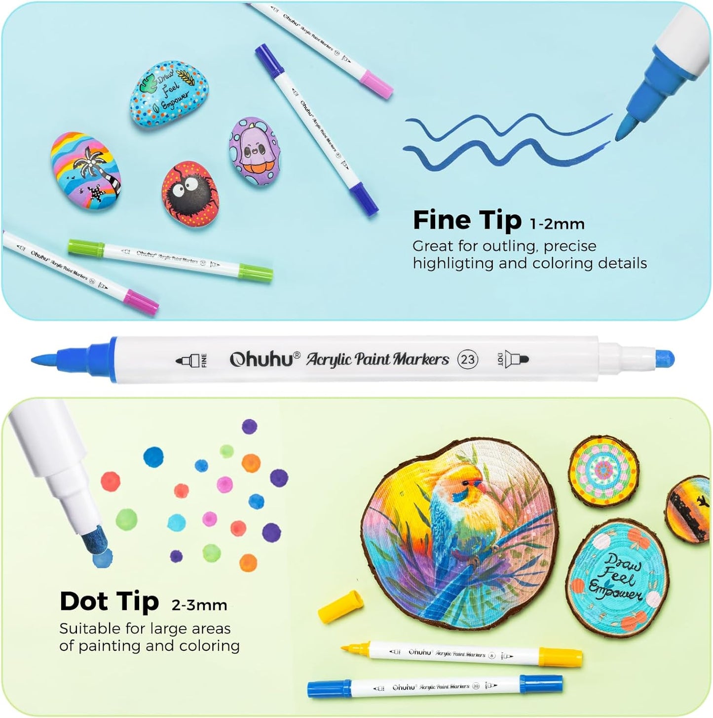 Ohuhu Set 36 Markere Acrilice, Varf Dublu, Fine si Dots, Rezervor Din Bumbac, Vopsea Cu Opacitate Ridicată Pentru Pictat Pietre, Hartie, Ouă, Lemn, Sticlă, Ceramică Y30-80601-76