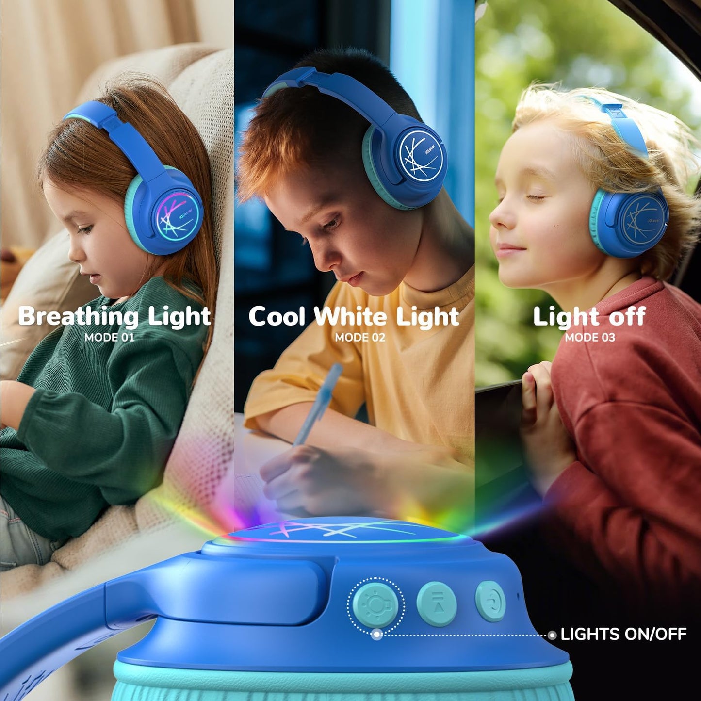 Căști iClever BTH18 Pentru Copii, Lumini LED, 43h redare, Incărcare Rapidă Type-C, Volum Sigur 74/85dBA, Bluetooth 5.3, Culoare Albastru