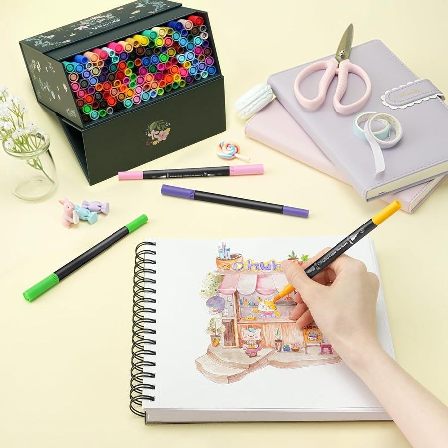 Ohuhu Maui Series Set 120 Markere, Baza Apa, Dual Tips Brush&Fineliner, Multicolor Y30-80600-40