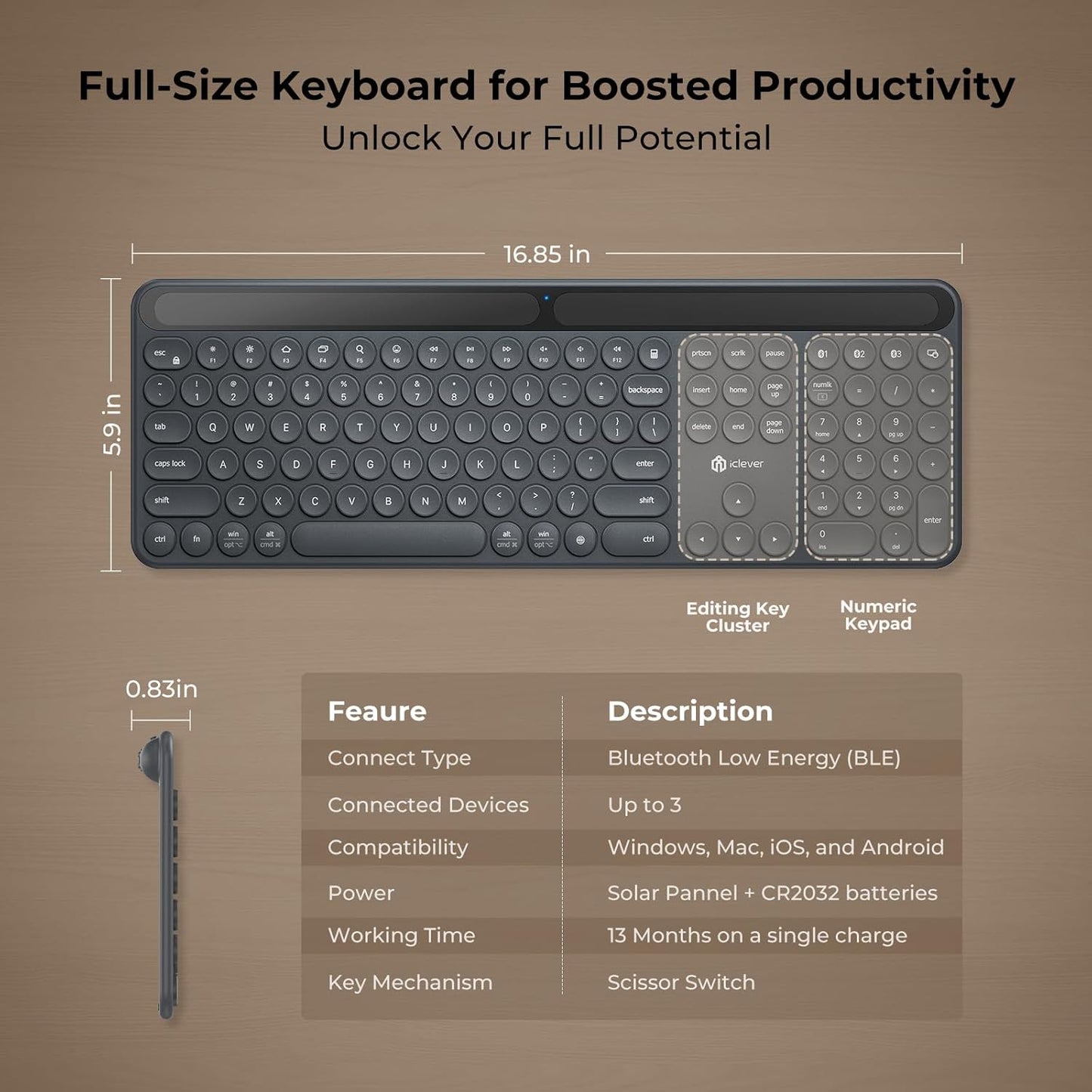 Tastatură iClever BK60 Solar, Bluetooth 5.0, Fără Fir, Incărcare Cu Lumină Solară Si Interioară, Dimensiune Completă, Ergonomica, Conectivitate Pana La 3 Dispozitive, Taste Rotunde Foarfece Silențioase