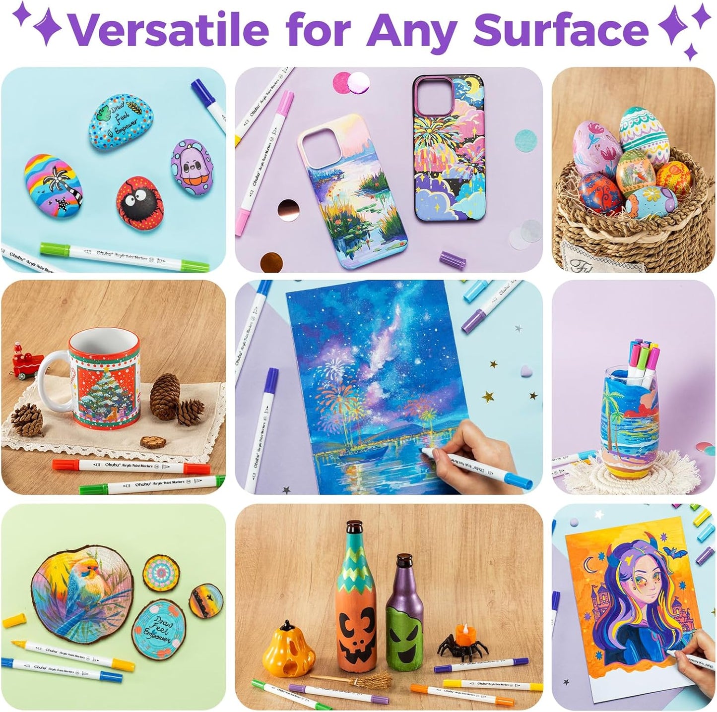 Ohuhu Set 36 Markere Acrilice, Varf Dublu, Brush si Dots, Rezervor Din Bumbac, Vopsea Cu Opacitate Ridicată Pentru Pictat Pietre, Hartie, Ouă, Lemn, Sticlă, Ceramică Y30-80601-75