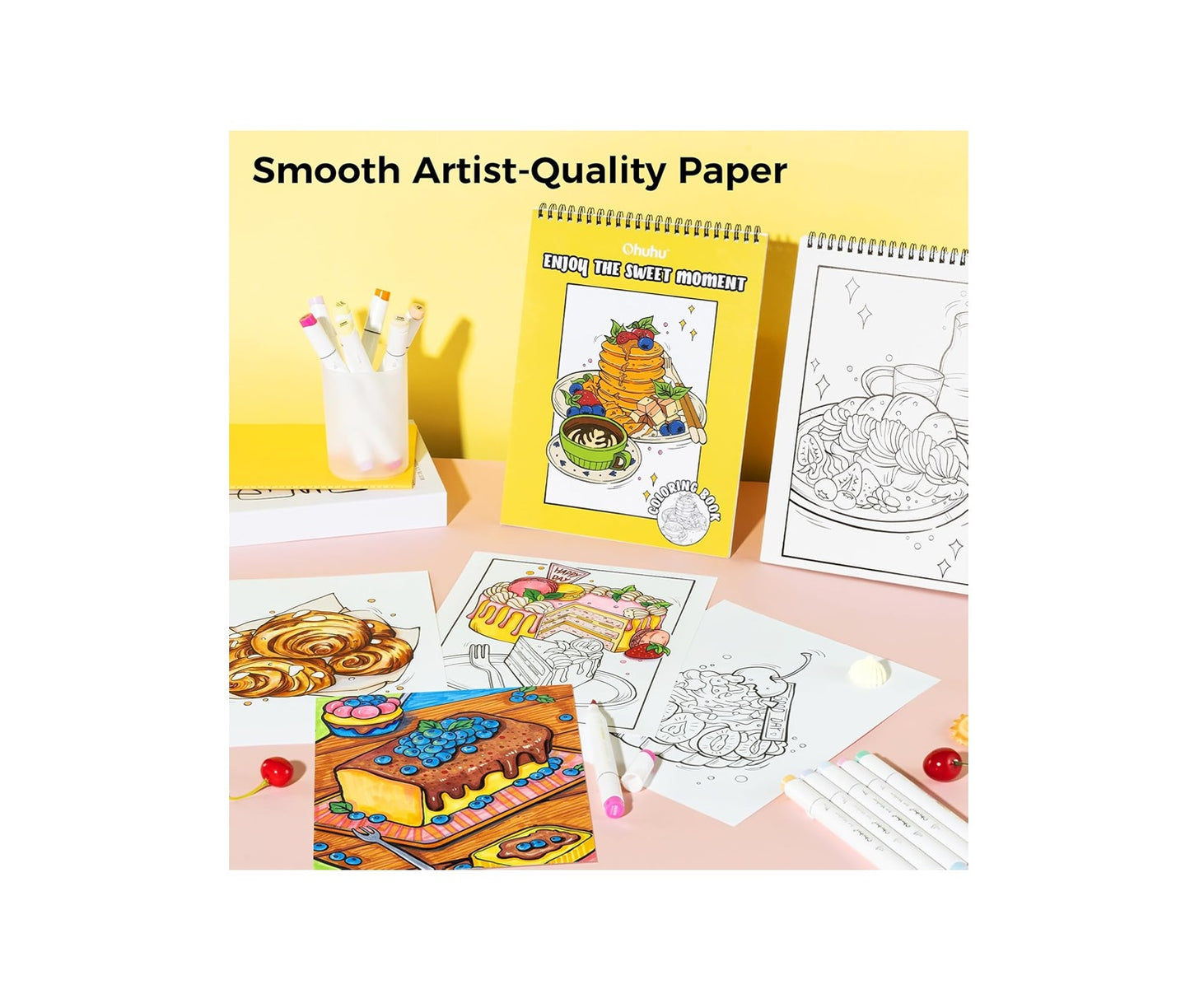 Ohuhu Carte De Colorat „Enjoy The Sweet Moment” – 40 Modele Față-Verso, Hârtie Groasă, Spirală Sus, 20x25 cm, Y44-83000-64