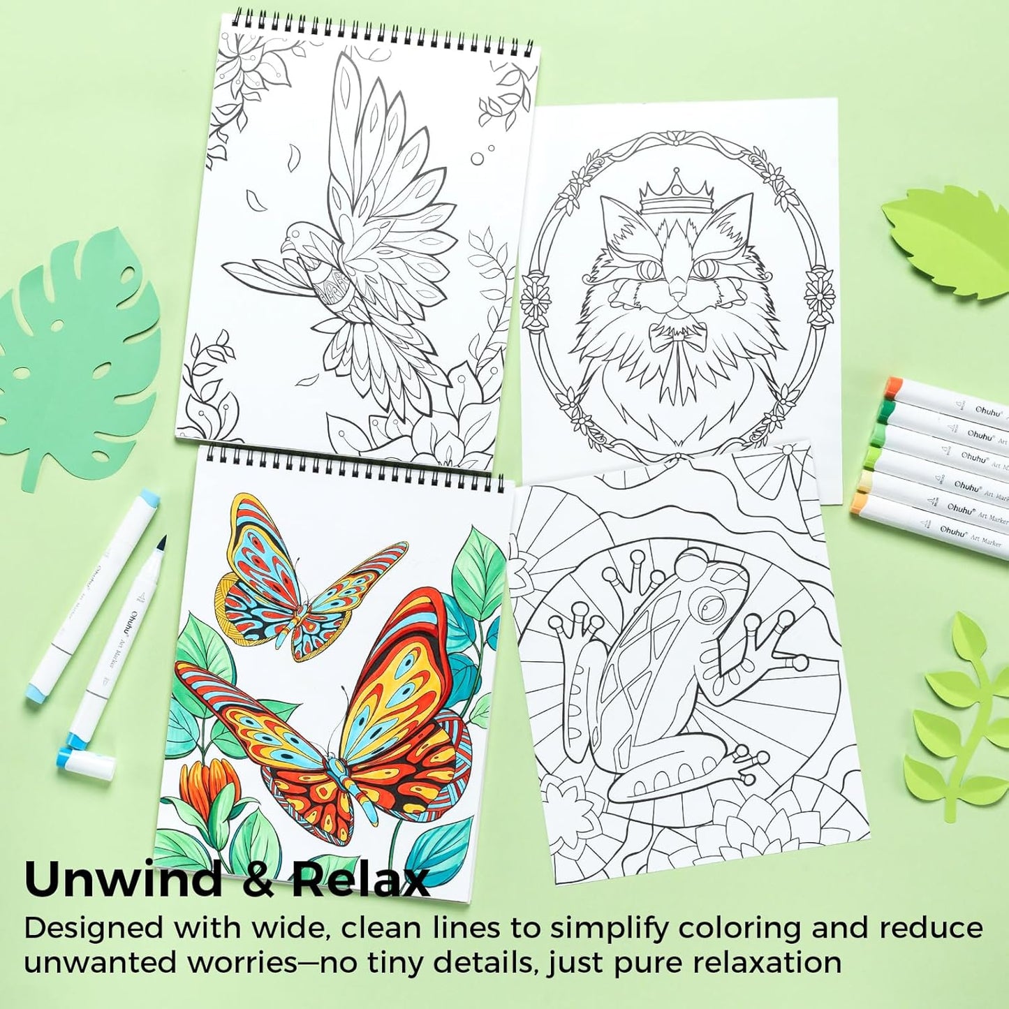 Ohuhu Carte De Colorat „Animals & Mandala” – 40 Modele Față-Verso, Hârtie Groasă, Spirală Sus, 20x25 cm, Y44-83000-63