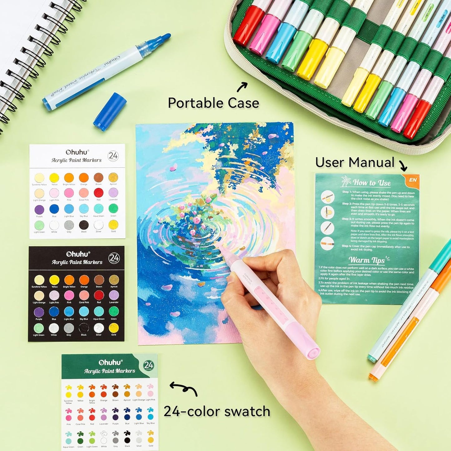 Ohuhu Set 48 Markere Vopsea Acrilica, 24 Cu Vârf Fin Si 24 Rotunde, Vârf Reversibil (Daltă Si Rotund), Pentru Pictura Pe StIclă, Ouă De Paște, Lemn, Plastic, Metal, Piatra Y30-80601-15