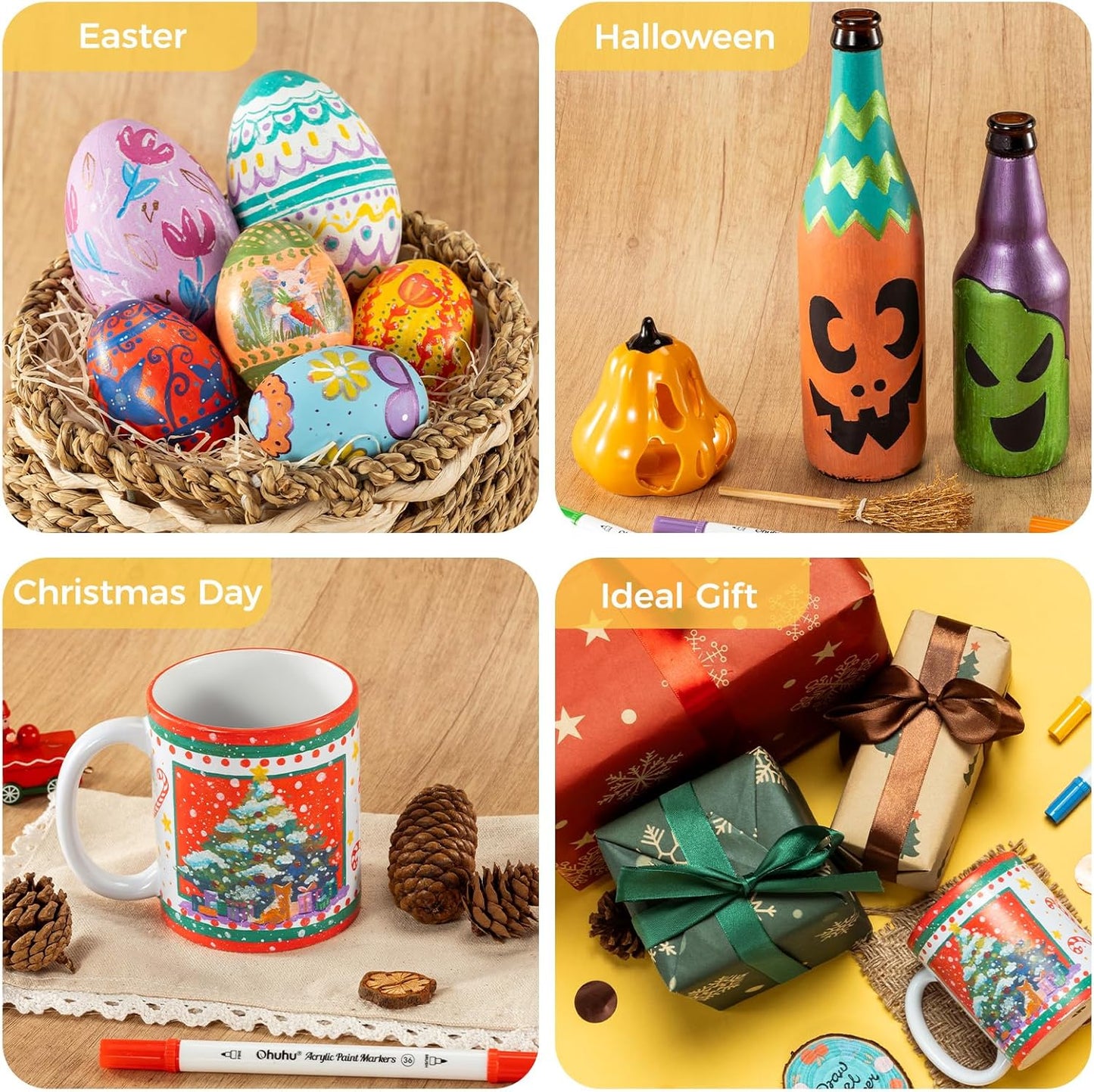 Ohuhu Set 36 Markere Acrilice, Varf Dublu, Fine si Dots, Rezervor Din Bumbac, Vopsea Cu Opacitate Ridicată Pentru Pictat Pietre, Hartie, Ouă, Lemn, Sticlă, Ceramică Y30-80601-76