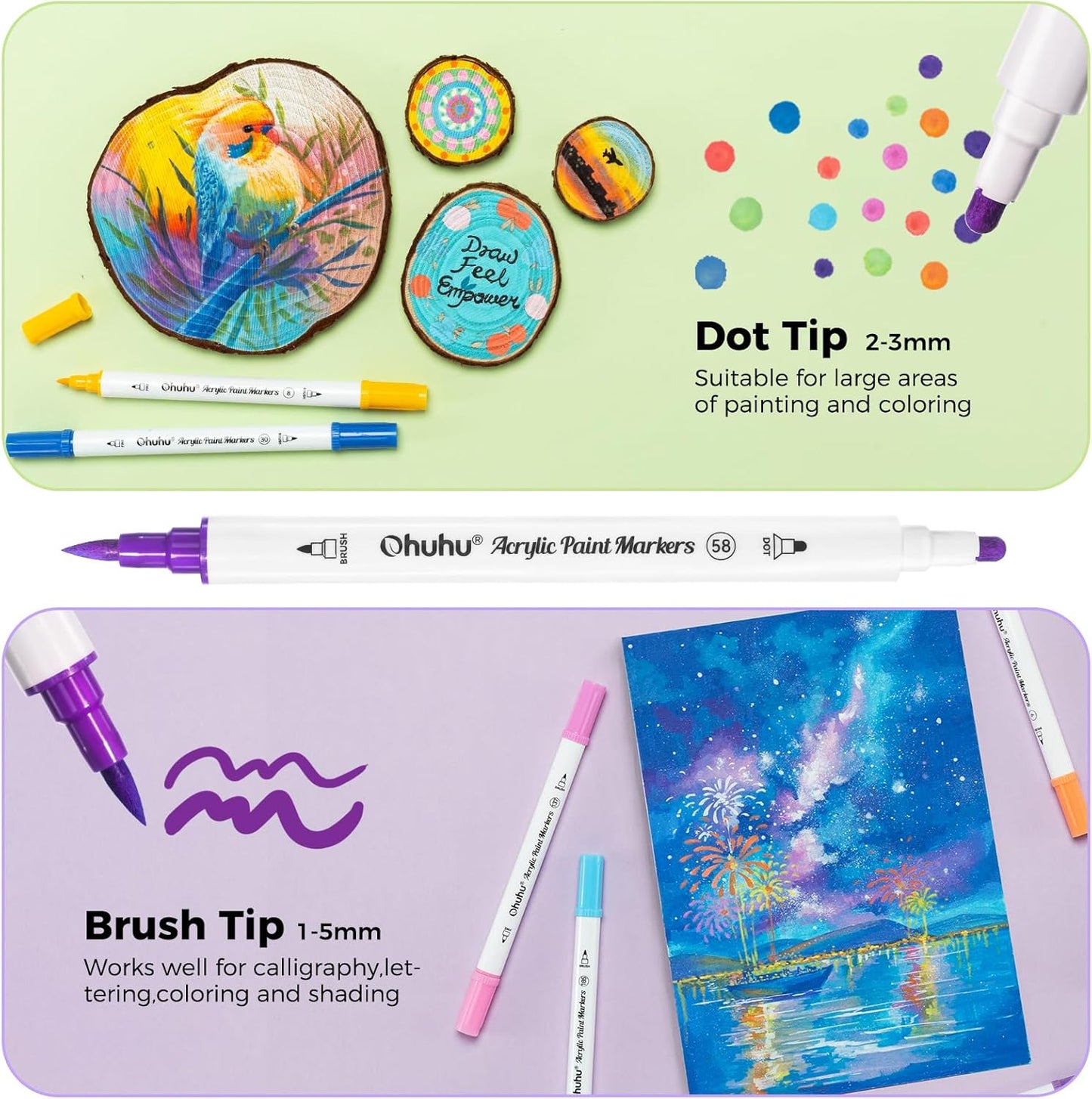 Ohuhu Set 36 Markere Acrilice, Varf Dublu, Brush si Dots, Rezervor Din Bumbac, Vopsea Cu Opacitate Ridicată Pentru Pictat Pietre, Hartie, Ouă, Lemn, Sticlă, Ceramică Y30-80601-75