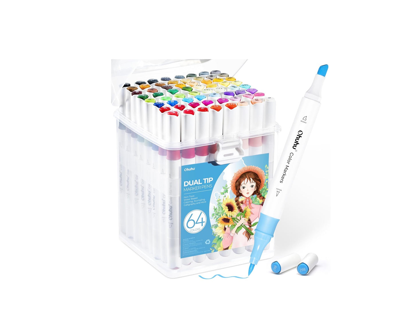 Ohuhu Set 64 De Markere Pentru Cărți De Colorat, Varf Dublu Chisel & Brush, Baza Apa, Non Toxic, Multicolor Y30-80600-56