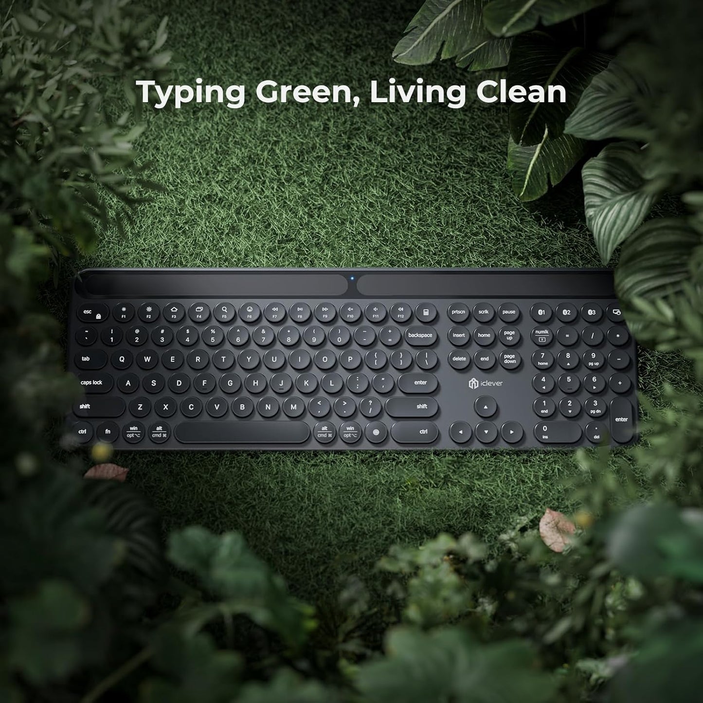 Tastatură iClever BK60 Solar, Bluetooth 5.0, Fără Fir, Incărcare Cu Lumină Solară Si Interioară, Dimensiune Completă, Ergonomica, Conectivitate Pana La 3 Dispozitive, Taste Rotunde Foarfece Silențioase