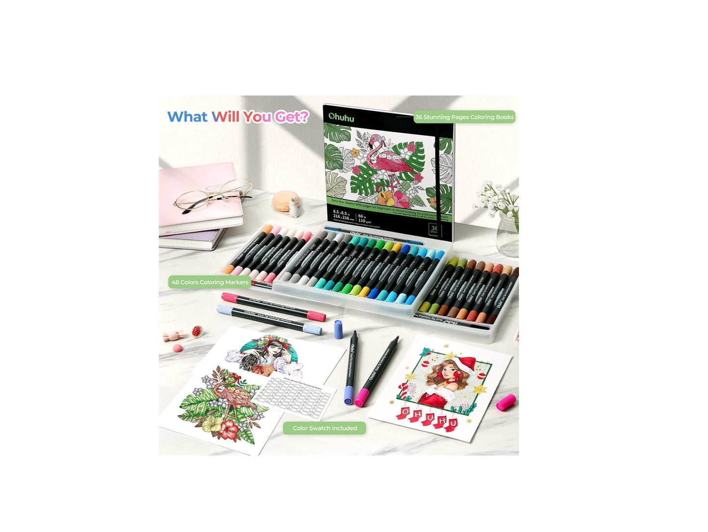 Ohuhu Set 48 Markere, Baza Apa, Dual Tips Brush&Fine Si Carte De Colorat Cu 36 De Coli 100% Rezistente La Sangerare Y30-80601-07