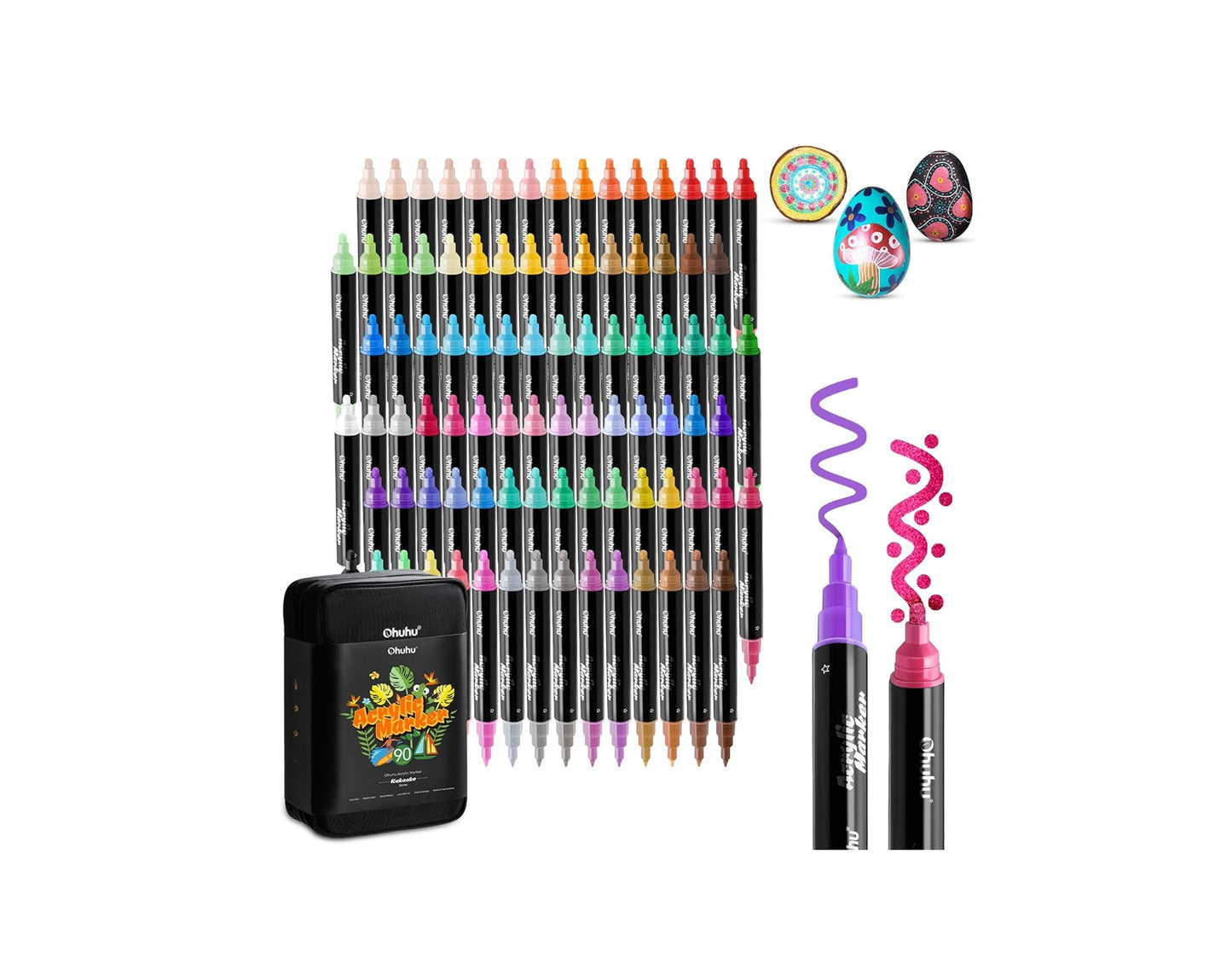 Ohuhu Set 90 Markere Acrilice, 24 De Culori Metalice, Varfuri Duble, Rotunde Si Fine, Vopsea Cu Opacitate Ridicată Pentru Pictat Pietre, Hartie, Ouă, Lemn, Sticlă, Ceramică Y30-80601-60