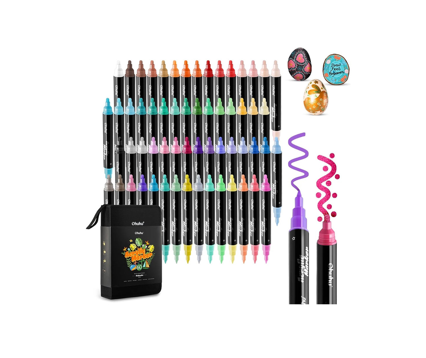 Ohuhu Set 60 Markere Acrilice, 24 De Culori Metalice, Varfuri Duble, Rotunde Si Fine, Vopsea Cu Opacitate Ridicată Pentru Pictat Pietre, Hartie, Ouă, Lemn, Sticlă, Ceramică Y30-80601-59