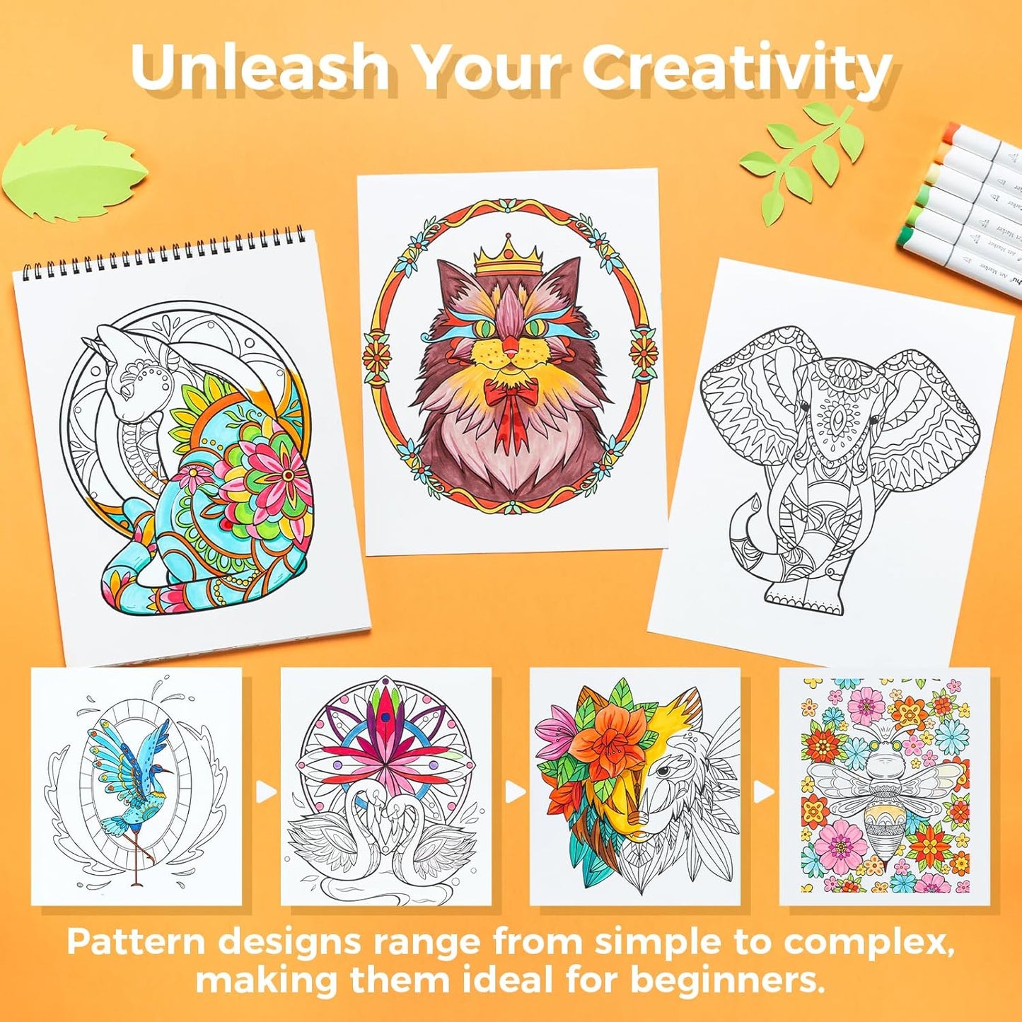 Ohuhu Carte De Colorat „Animals & Mandala” – 40 Modele Față-Verso, Hârtie Groasă, Spirală Sus, 20x25 cm, Y44-83000-63