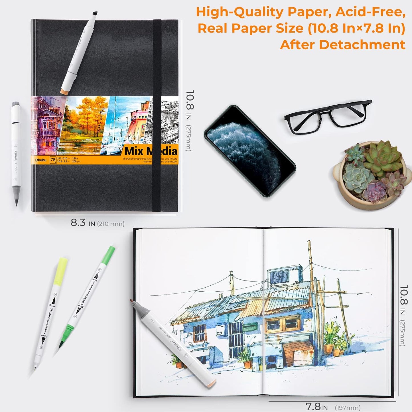 Ohuhu Marker Pads, Sketchbooks Pentru Markere, 275 mm x 210 mm, 78 coli/ 156 pagini, Y44-83000-28