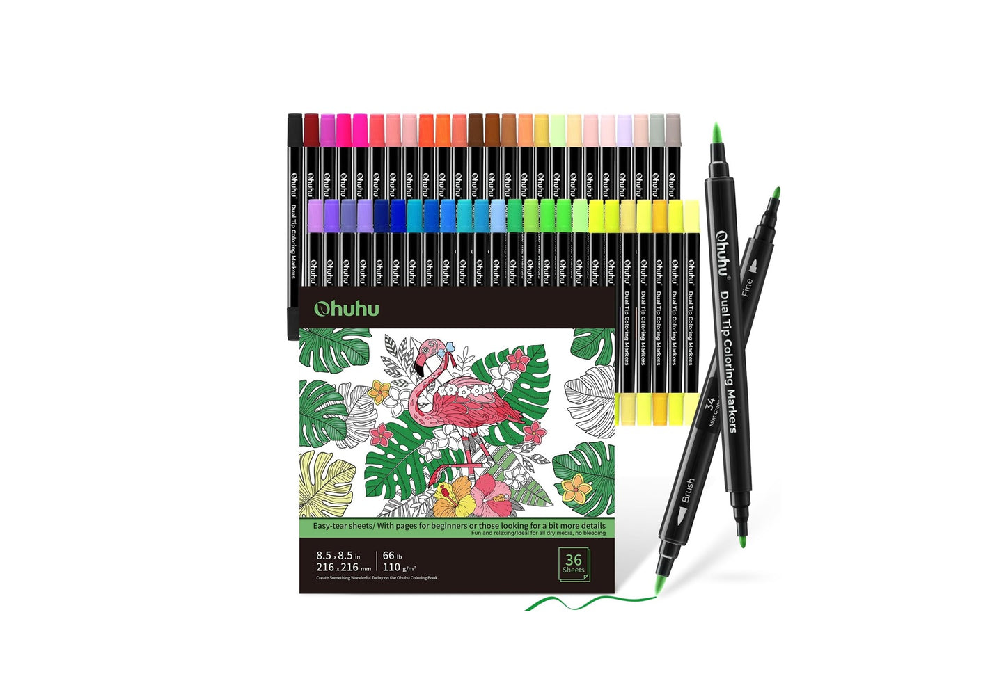 Ohuhu Set 48 Markere, Baza Apa, Dual Tips Brush&Fine Si Carte De Colorat Cu 36 De Coli 100% Rezistente La Sangerare Y30-80601-07