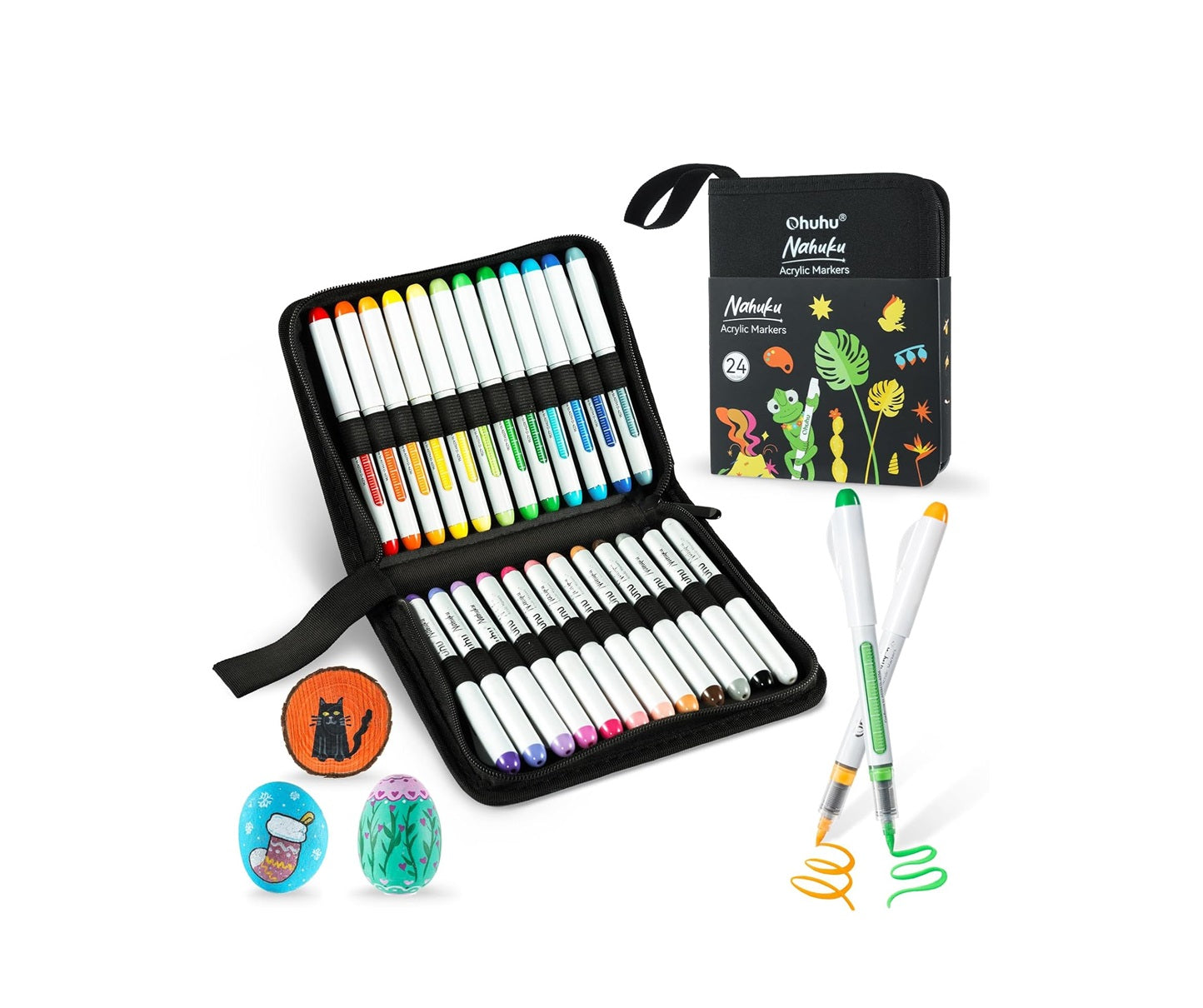Ohuhu Set 24 Markere Acrilice Nahuku, Direct-ink, Baza Apa, Varf Flexibil, Pentru Sticla, Ceramica, Pietre, Lemn, Plastic, Hartie, Panza, Multicolor Y30-80601-66