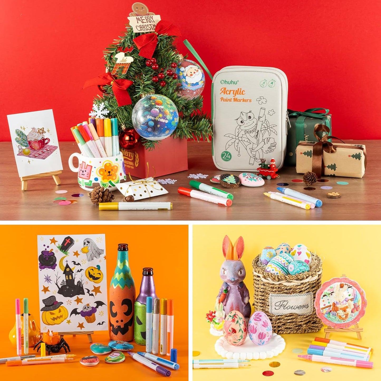 Ohuhu Set 48 Markere Vopsea Acrilica, 24 Cu Vârf Fin Si 24 Rotunde, Vârf Reversibil (Daltă Si Rotund), Pentru Pictura Pe StIclă, Ouă De Paște, Lemn, Plastic, Metal, Piatra Y30-80601-15