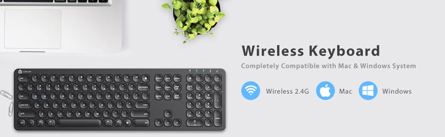 Tastatura iClever GKA38B, Fara Fir 2.4G, Reincarcabila, Ergonomica, Wireless, 99 Taste, Baterie Lithium Ion, Ultra Subtire, Negru