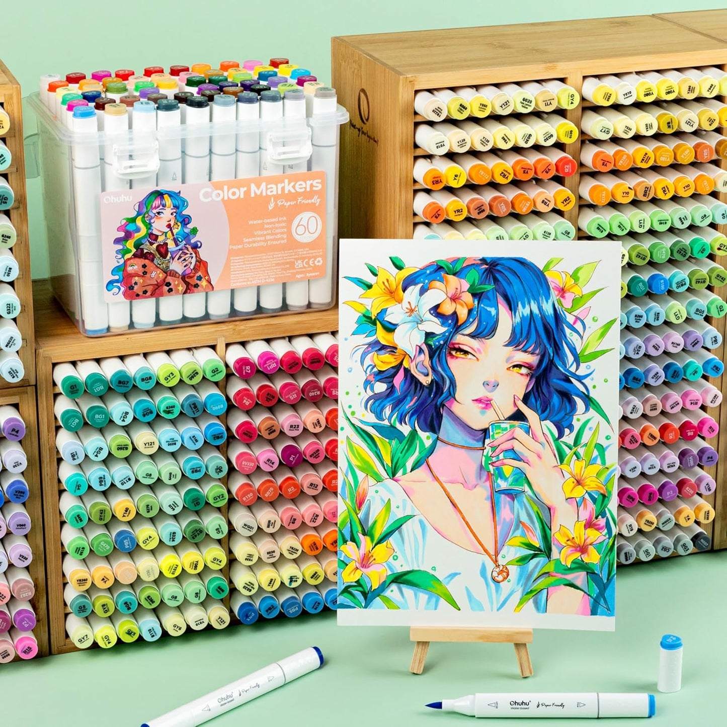 Ohuhu, Set 60 De Markere Paper-Friendly, Baza Apa, Varf Dublu Brush & Fine, Non-Toxic, Multicolor Y30-80600-65