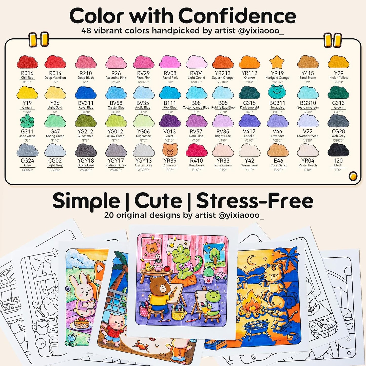 Ohuhu Honolulu B Set 48 Markere, Baza Alcool, Dual Tips Brush&Fine, Multicolor Si Carte De Colorat Y30-80406-18