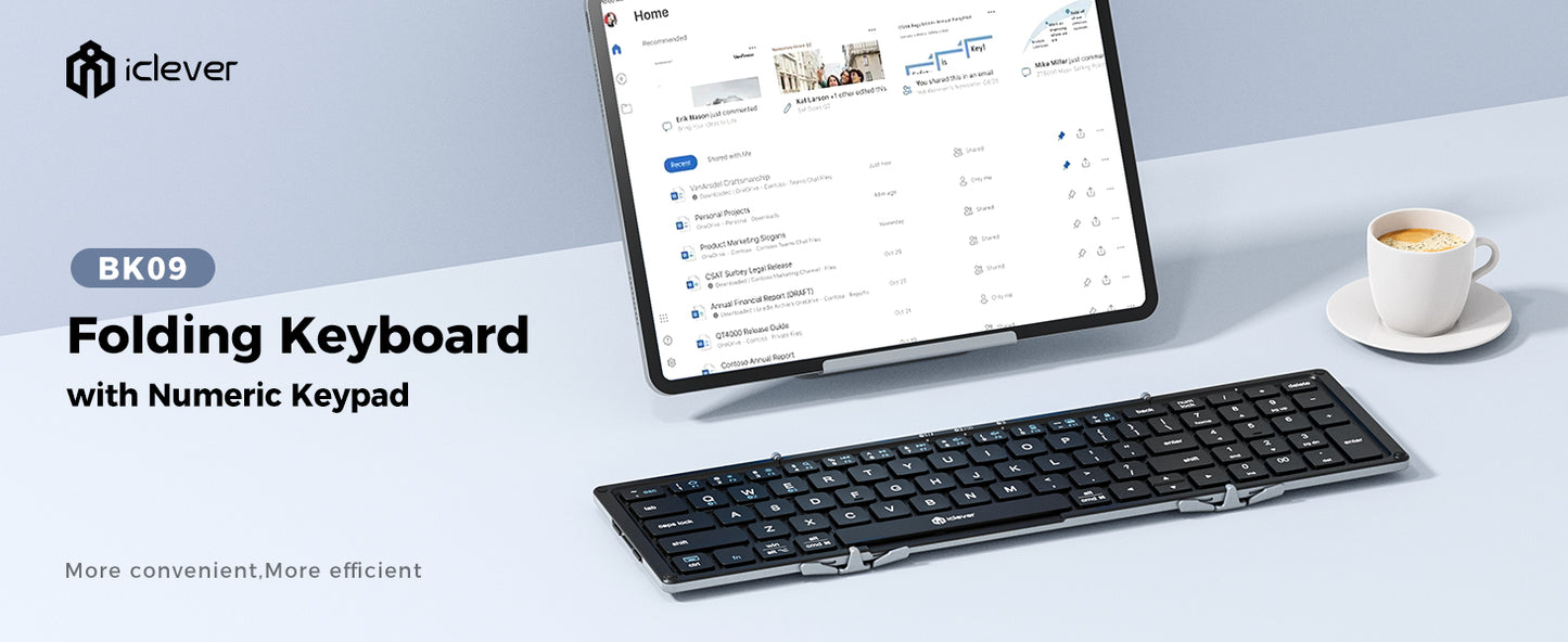 Tastatură Pliabilă iClever BK09, Bluetooth 5.1., Pliabilă, Tastatură Portabila cu Tastatura Numerică, Reîncărcabilă USB-C, Pentru Laptop, iPad, iPhone, Sincronizare Până La 3 Dispozitive