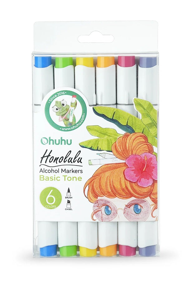 Ohuhu Honolulu, Set 6 Markere, Varf Dublu, Reversibil, Interschimbabil Brush Chisel, Baza Alcool, Culori Basic Y30-80403-51