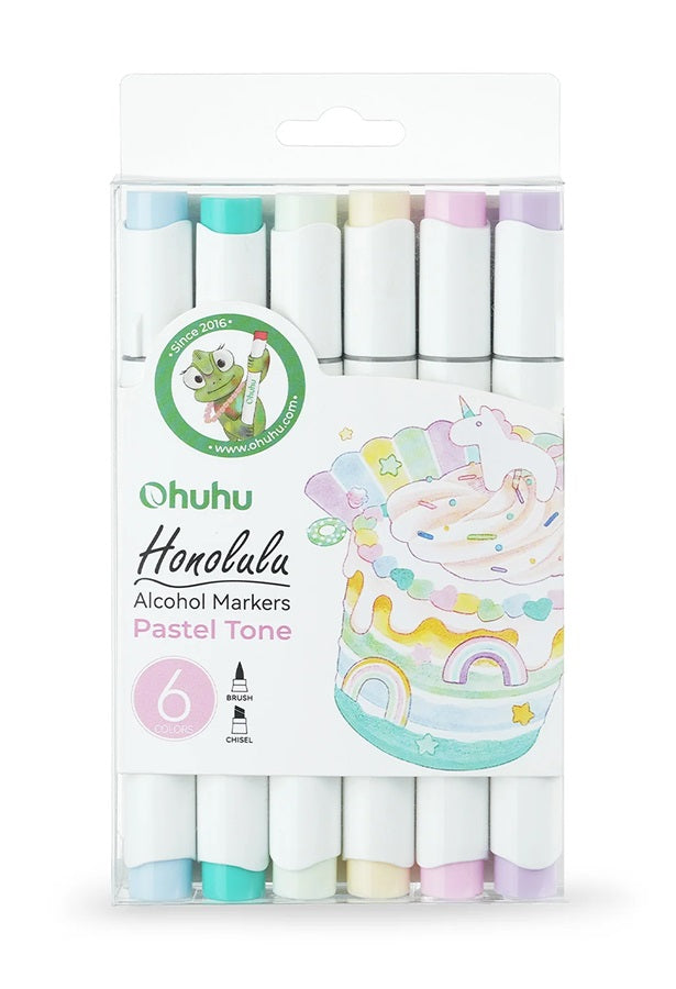 Ohuhu Honolulu, Set 6 Markere, Varf Dublu, Reversibil, Interschimbabil Brush Chisel, Baza Alcool, Culori Pastel Y30-80403-52