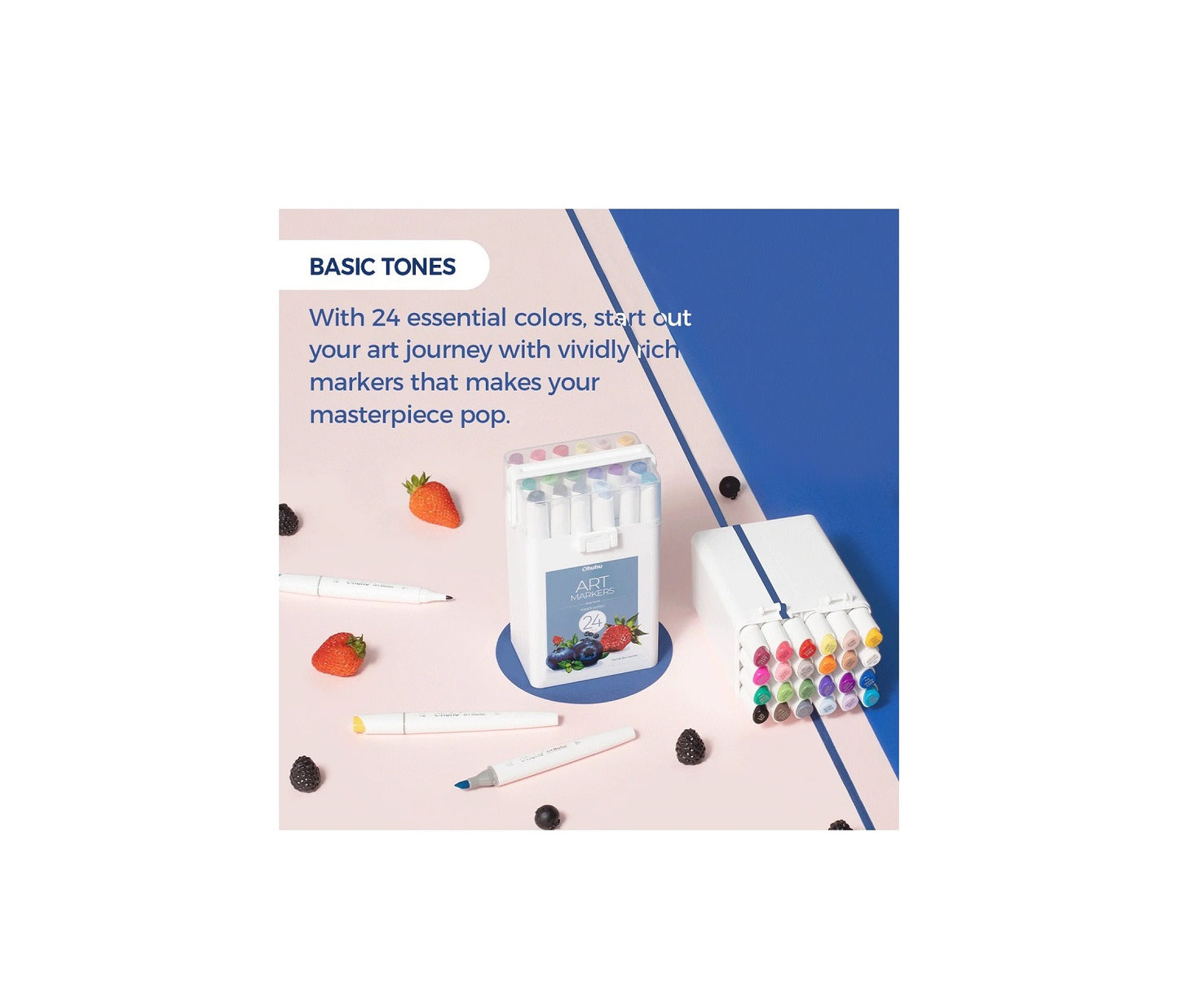 Ohuhu Kaala Series Set 24 Markere, Baza Alcool, Dual Tips Slim Broad&Fine, Basic Tones Y30-80402-37