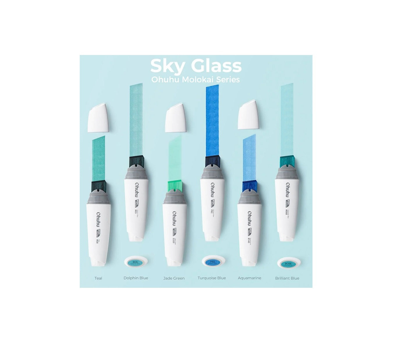Ohuhu Molokai Set 6 Markere, Baza Alcool, Varf Extra Lat, Sky Glass Tones Y30-80402-41