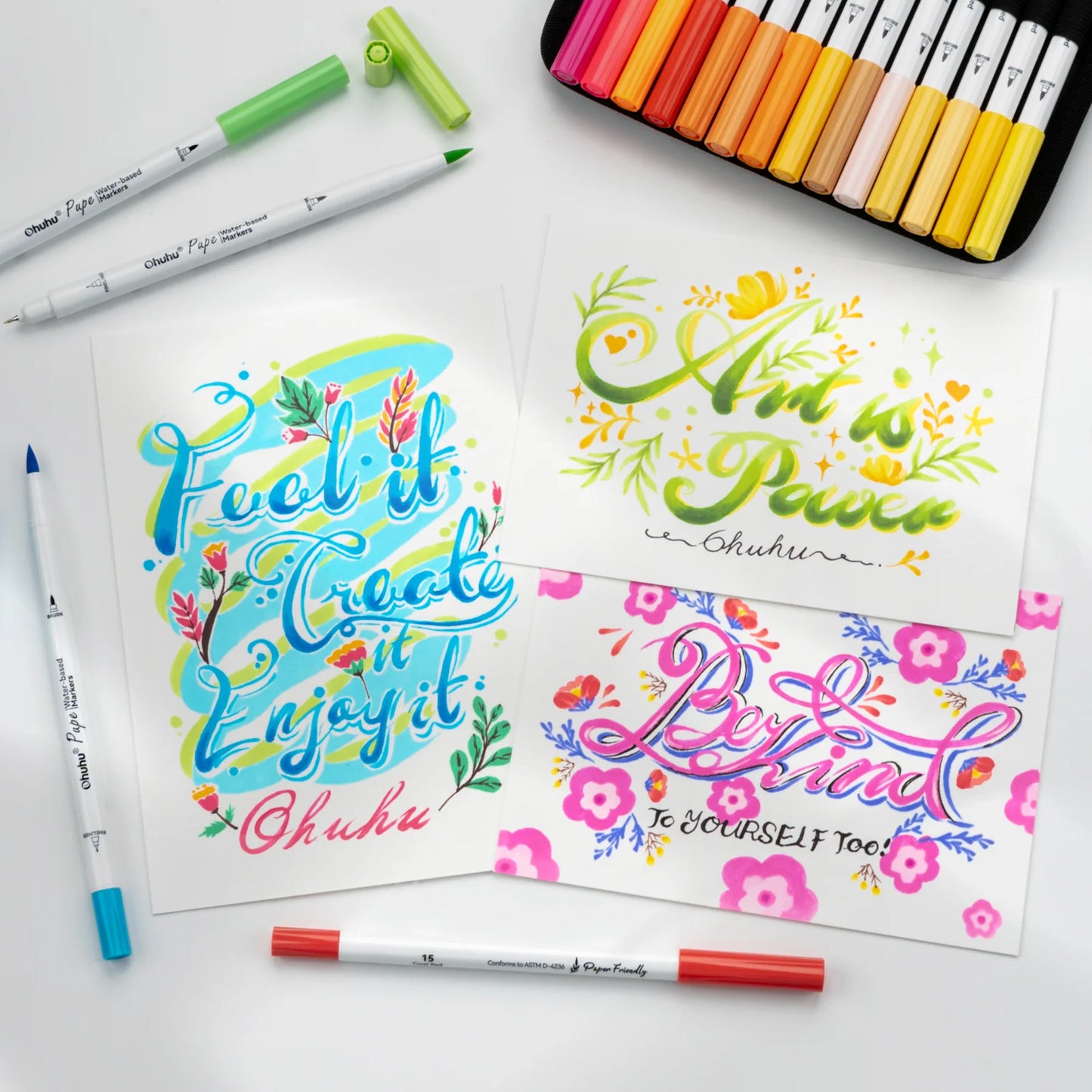 Ohuhu Set 60 Markere Ohuhu Paper Friendly, Bază Apă, Fără Peeling, Varf Dublu Brush & Fineliner, Non Toxic, Y30-80601-39