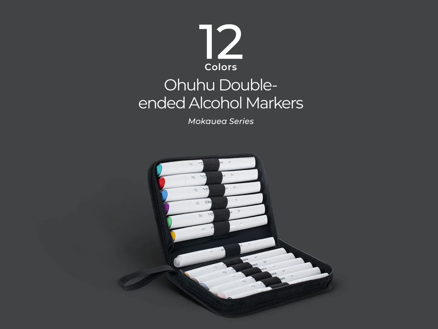 Ohuhu Mokauea Set 12 Markere, Baza Alcool, Dual Tips Tri-Nib&Chisel, Multicolor Y30-80402-63