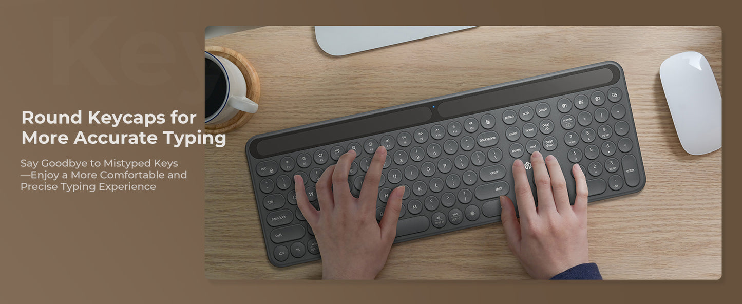 Tastatură iClever BK60 Solar, Bluetooth 5.0, Fără Fir, Incărcare Cu Lumină Solară Si Interioară, Dimensiune Completă, Ergonomica, Conectivitate Pana La 3 Dispozitive, Taste Rotunde Foarfece Silențioase