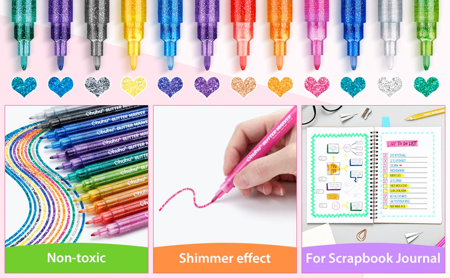 Ohuhu Set 12 Markere Glitter Metallic, Baza Apa, Multicolor Y30-80600-32