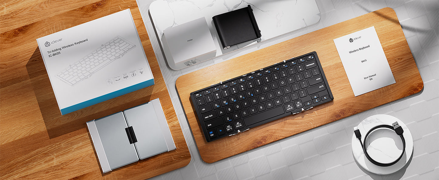Tastatura iClever IC-BK05S, Bluetooth 5.1, Pliabila, Reîncărcabilă USB-C,Conectare Până La 4 Dispozitive, Baza Din Aliaj De Aluminiu, Calitate Aeronautica