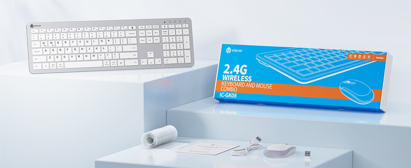 Tastatura Si Mouse Combo iClever GK08, 2.4G Wireless, Fara Fir, Reincarcabila, Design Ergonomic, Stabila, Silentioasa, DPI Reglabil 800-1200-1600, Culoare Argintiu