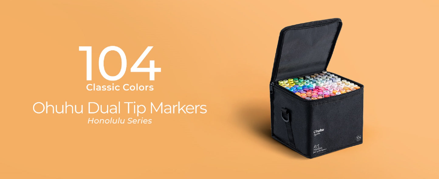 Ohuhu Honolulu Set 104 Markere, Baza Alcool, Dual Tips Brush&Chisel, Multicolor Y30-80402-51
