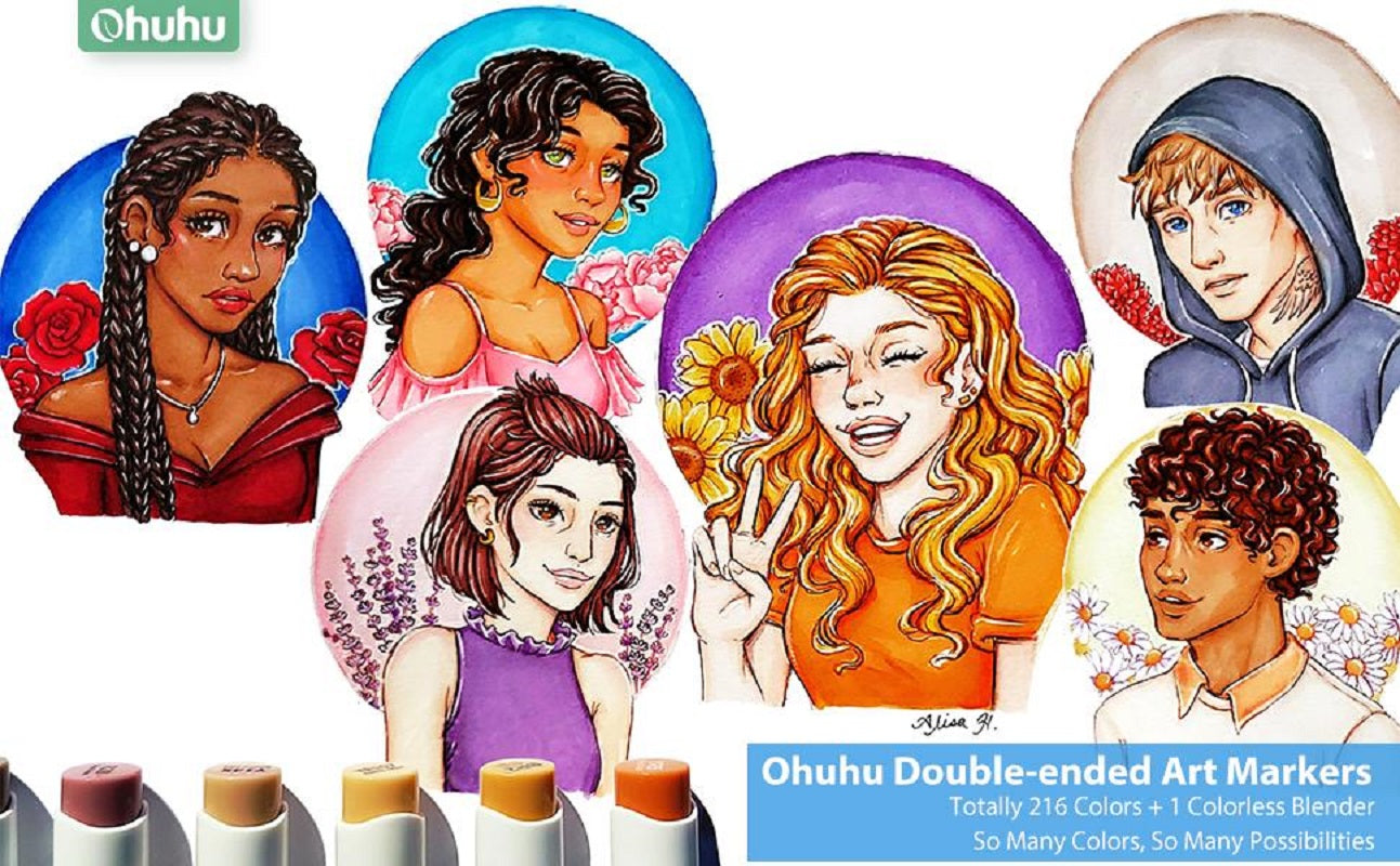 Ohuhu Honolulu B, Set 216 Markere, Baza Alcool, Dual Tips Brush&Fine, Multicolor Y30-80402-13