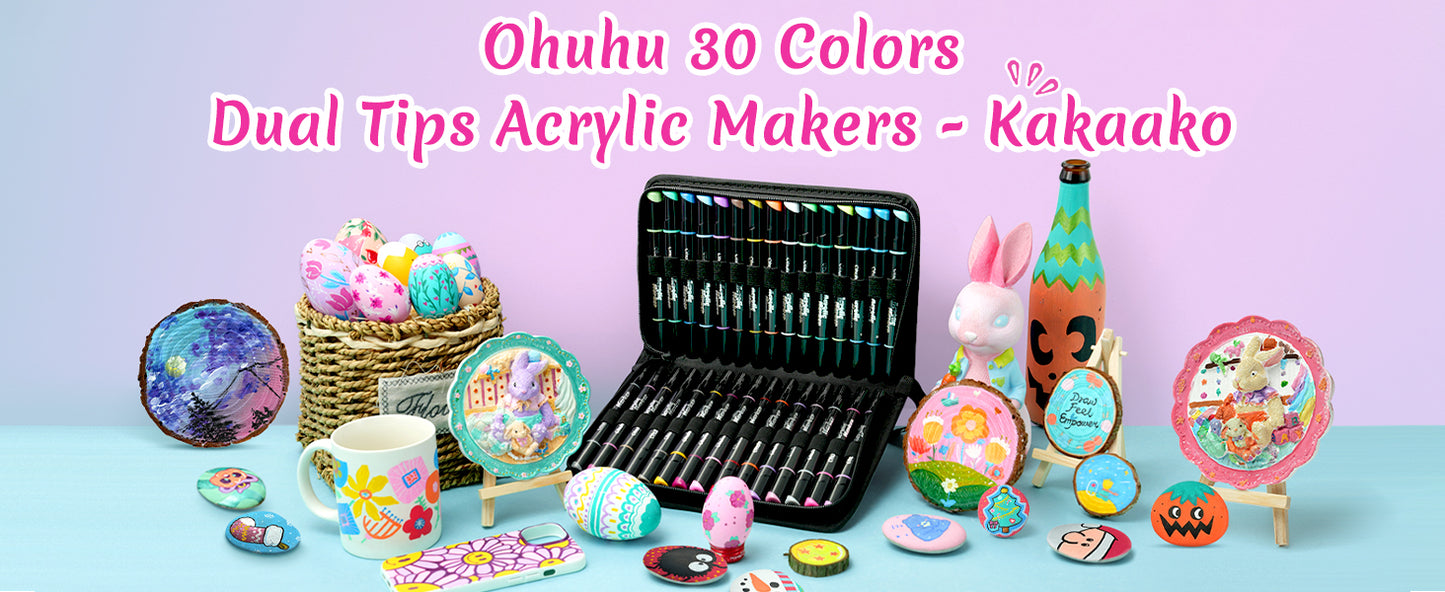 Ohuhu Set 30 Markere, Vopsea Acrilica, Baza Apa, Varf Dublu Rotund Si Subtire, Pentru Sticla, Ceramica, Pietre, Lemn, Plastic, Hartie, Panza, Multicolor Y30-80601-08