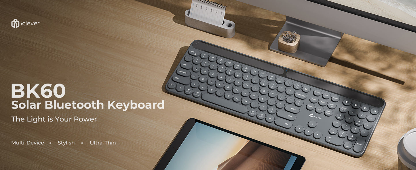 Tastatură iClever BK60 Solar, Bluetooth 5.0, Fără Fir, Incărcare Cu Lumină Solară Si Interioară, Dimensiune Completă, Ergonomica, Conectivitate Pana La 3 Dispozitive, Taste Rotunde Foarfece Silențioase