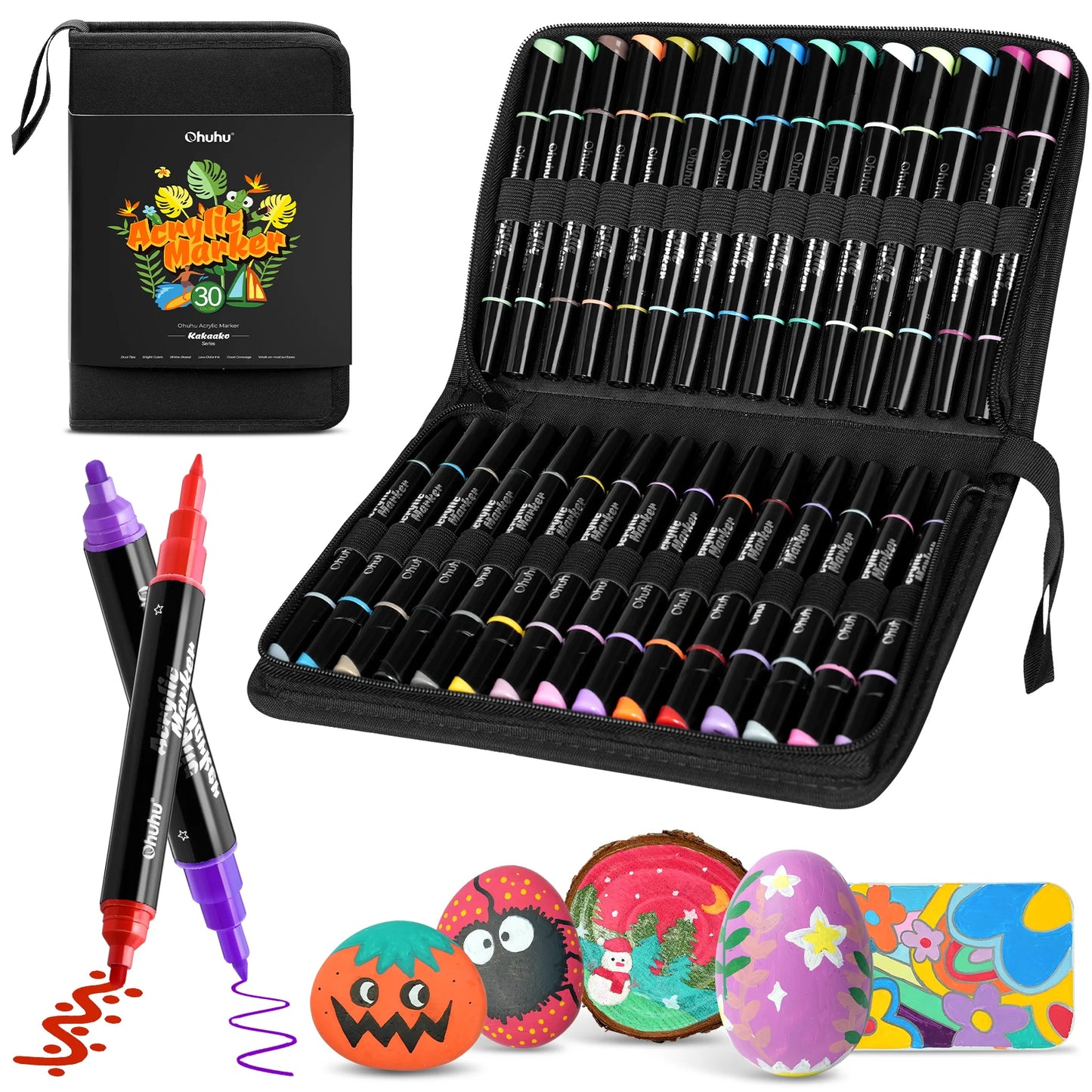Ohuhu Set 30 Markere, Vopsea Acrilica, Baza Apa, Varf Dublu Rotund Si Subtire, Pentru Sticla, Ceramica, Pietre, Lemn, Plastic, Hartie, Panza, Multicolor Y30-80601-08