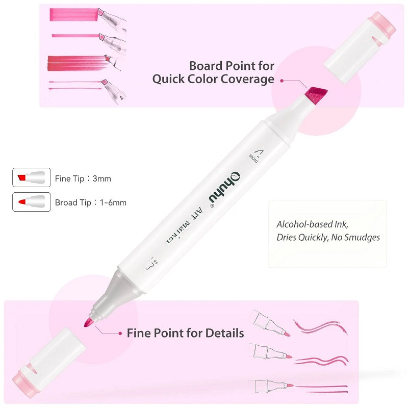 Ohuhu Oahu Set 60 Markere, Baza Alcool, Dual Tips Fine&Chisel, Multicolor Y30-80401-82