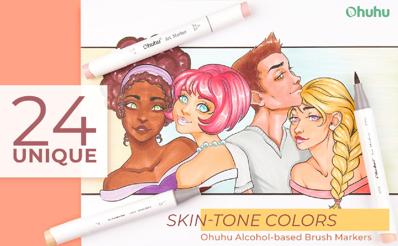 Ohuhu Honolulu Set 24 Markere, Baza Alcool, Dual Tips Brush&Chisel, Skin Tones Y30-80400-50