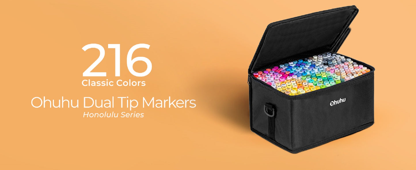 Ohuhu Honolulu Set 216+1 Markere, Baza Alcool, Dual Tips Brush&Chisel, Multicolor Y30-80401-50