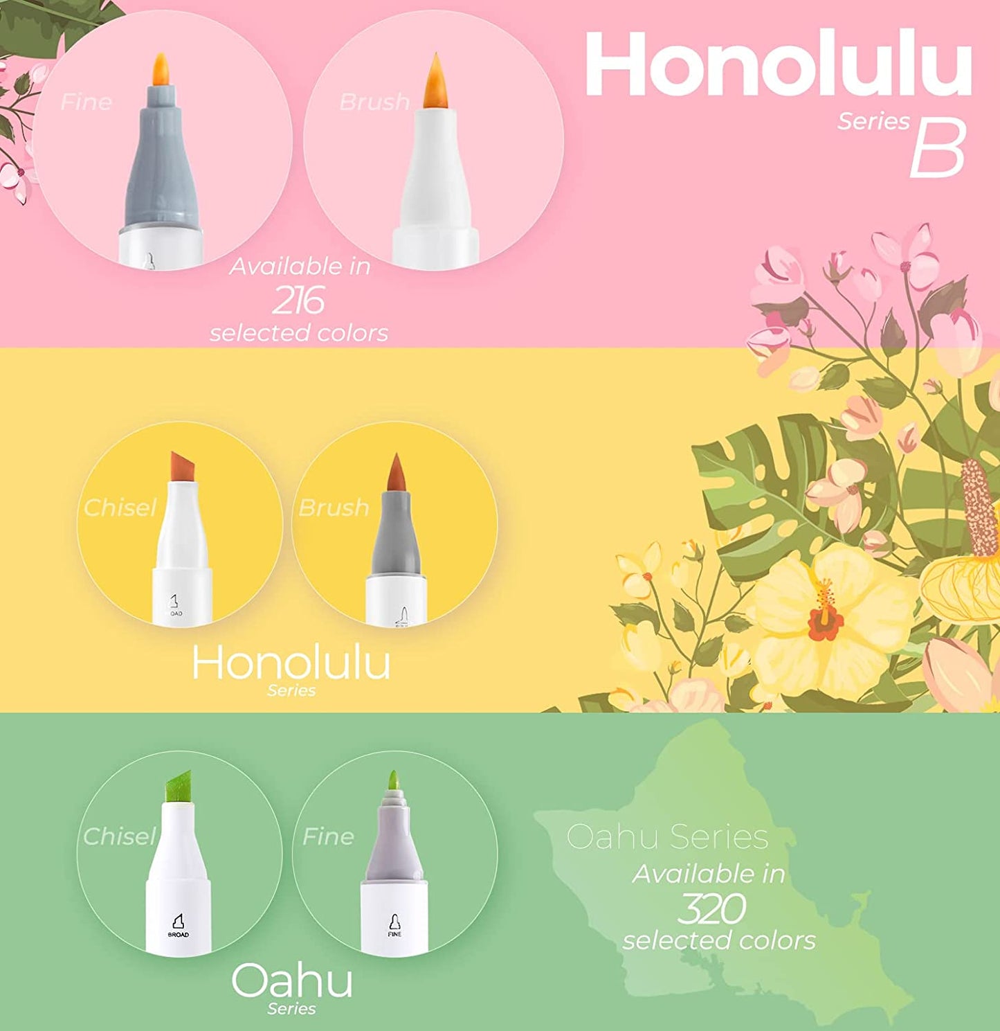 Ohuhu Honolulu B Set 48 Markere, Baza Alcool, Dual Tips Brush&Fine, Multicolor Y30-80400-40